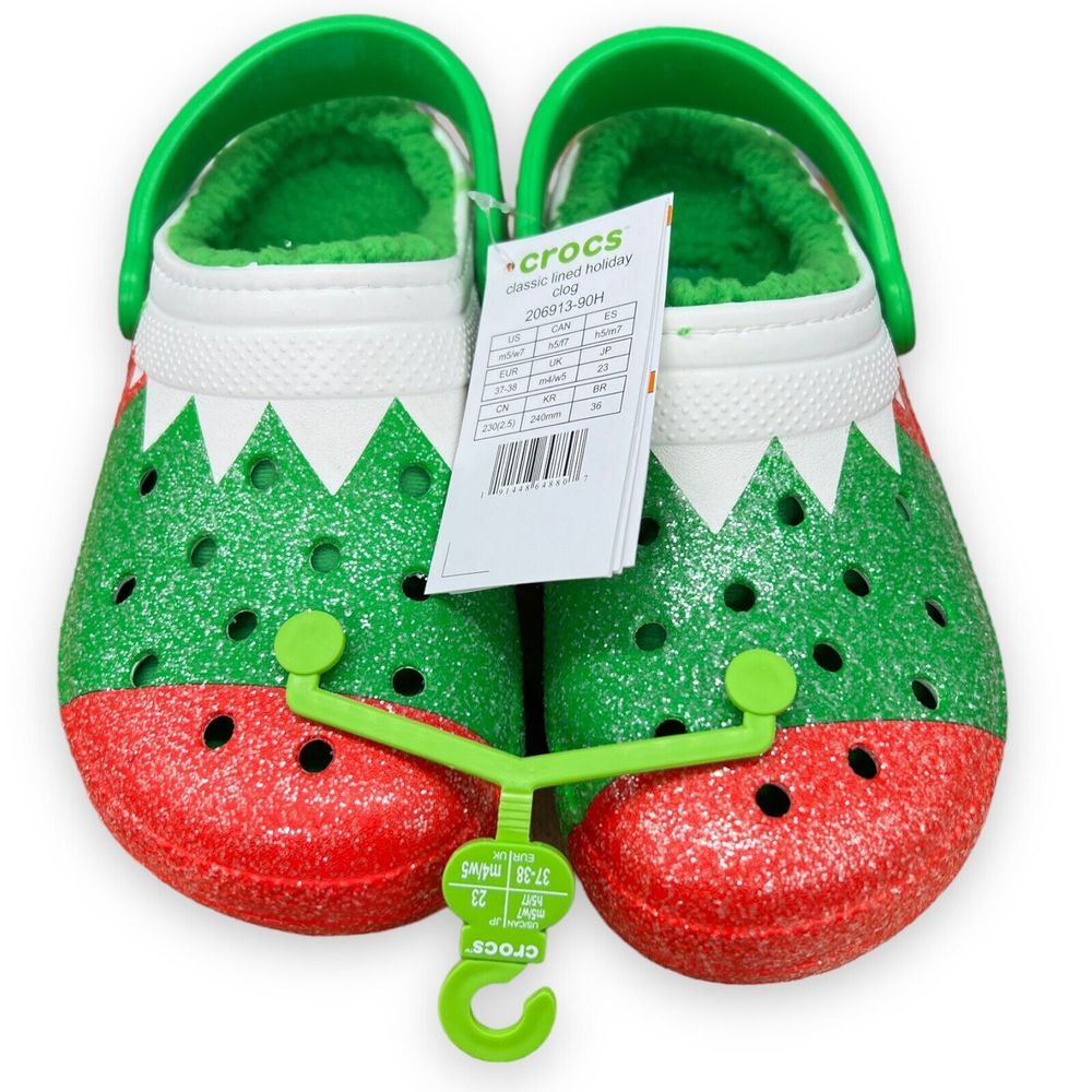 Crocs Classic Lined Holiday Clogs Womens 7 Mens 5 Christmas Elf Shoes Sparkly